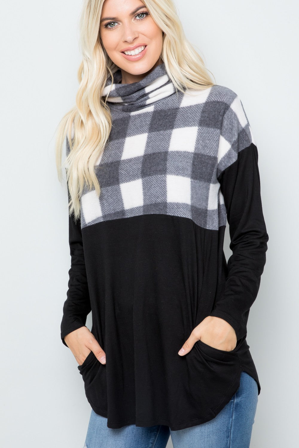 Celeste Full Size Pocketed Plaid Turtleneck Long Sleeve Blouse Long Sleeve Tops JT's Designer Fashion