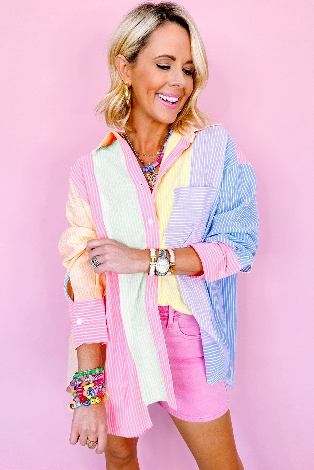 Pink Stripe Color Block Chest Pocket Oversized Shirt Blouses & Shirts JT's Designer Fashion