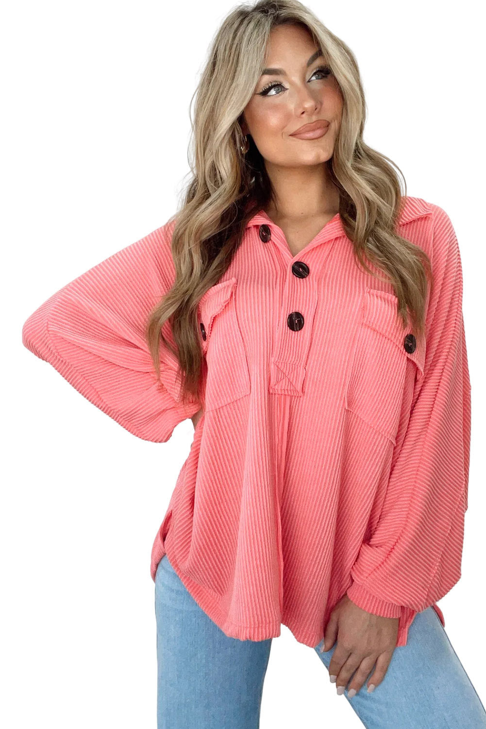 Pink Corded Flap Pocket Henley Top Long Sleeve Tops JT's Designer Fashion