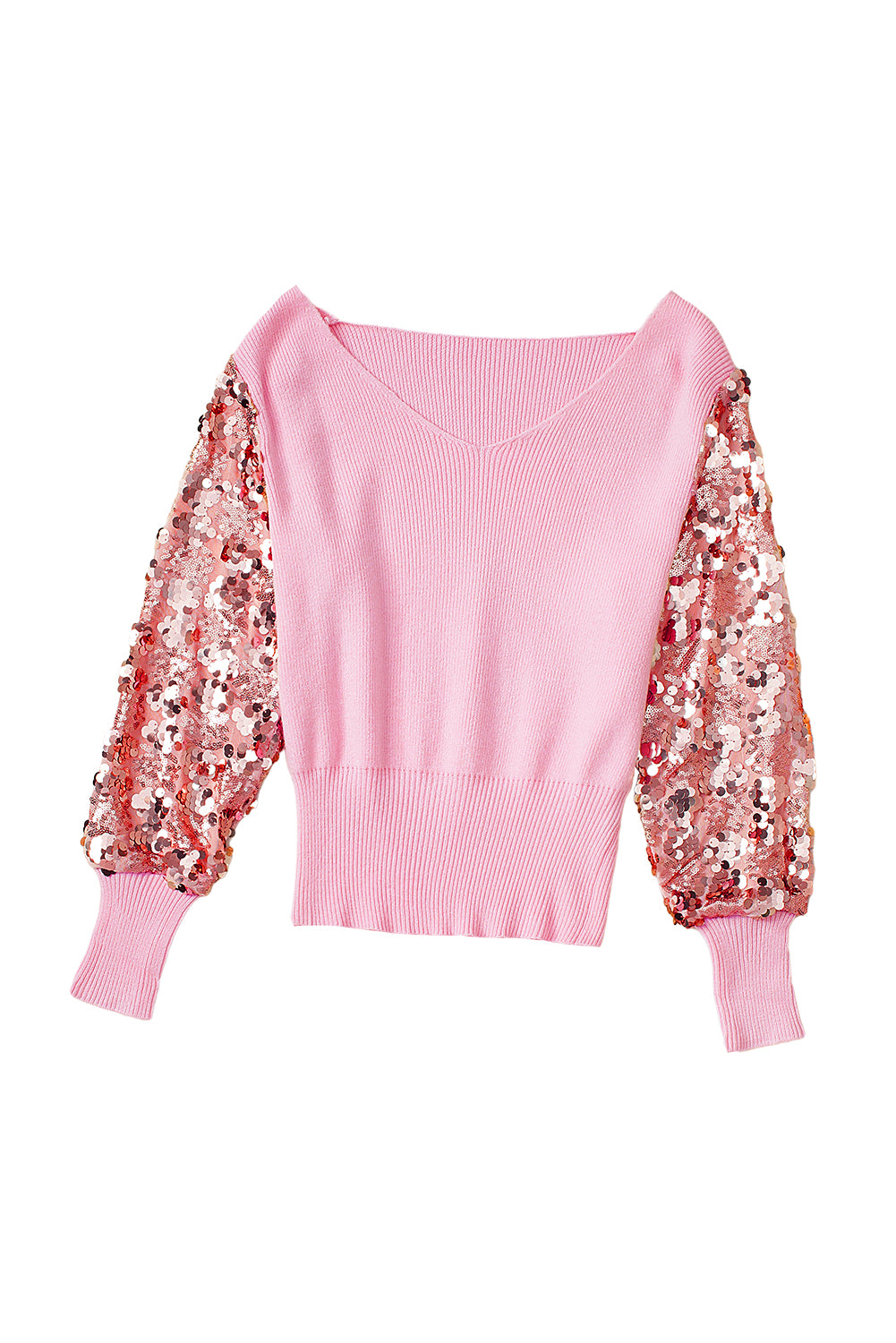 Pink Contrast Sequin Sleeve V Neck Ribbed Knit Sweater Sweaters & Cardigans JT's Designer Fashion