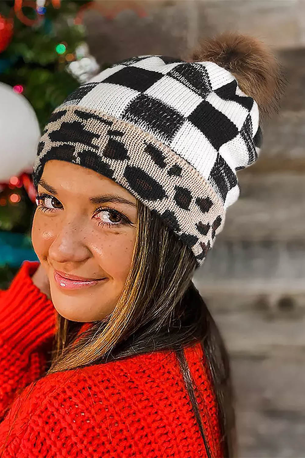 White Christmas Leopard Plaid Pom Knitted Hat Hats & Caps JT's Designer Fashion