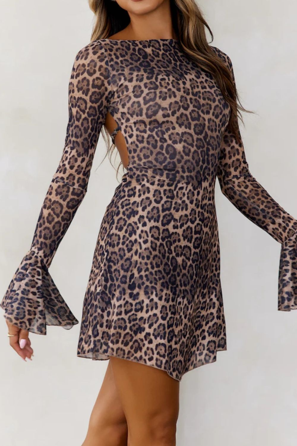 Backless Leopard Flare Sleeve Dress Mini Dresses JT's Designer Fashion