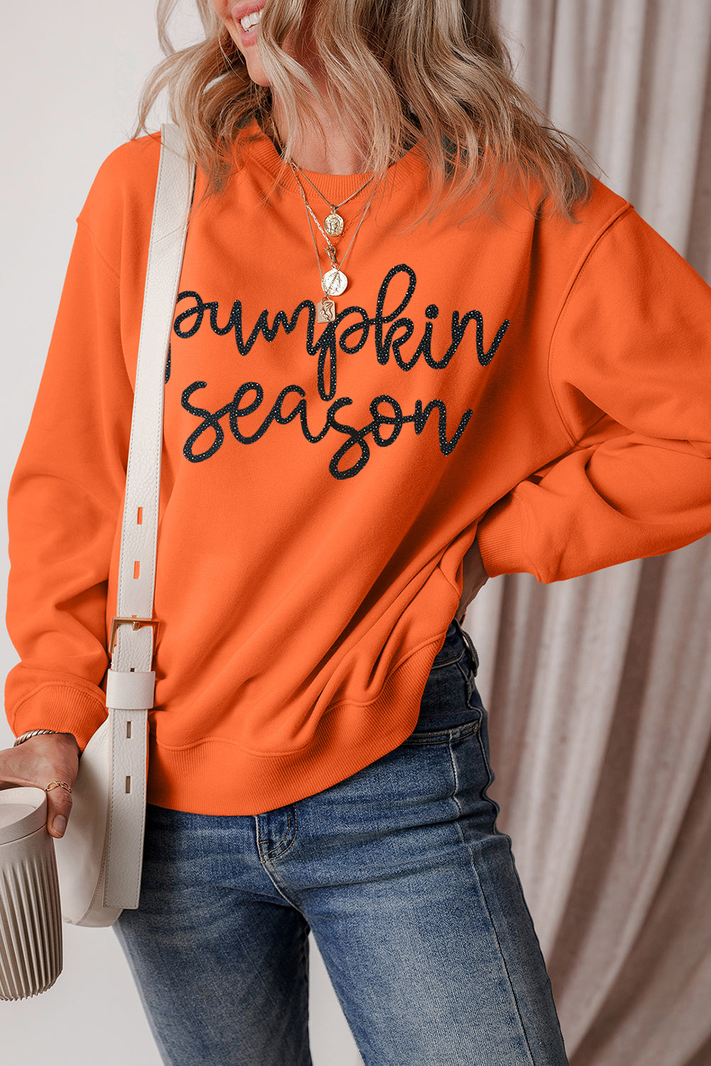 Russet Orange Glittering Pumpkin Season Graphic Drop Shoulder Pullover Sweatshirt Graphic Sweatshirts JT's Designer Fashion