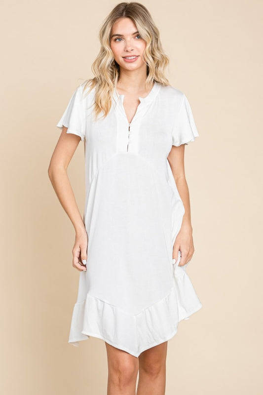 Short Sleeve Ruffled Asymmetric Hem Dress Soft White Mini Dresses JT's Designer Fashion