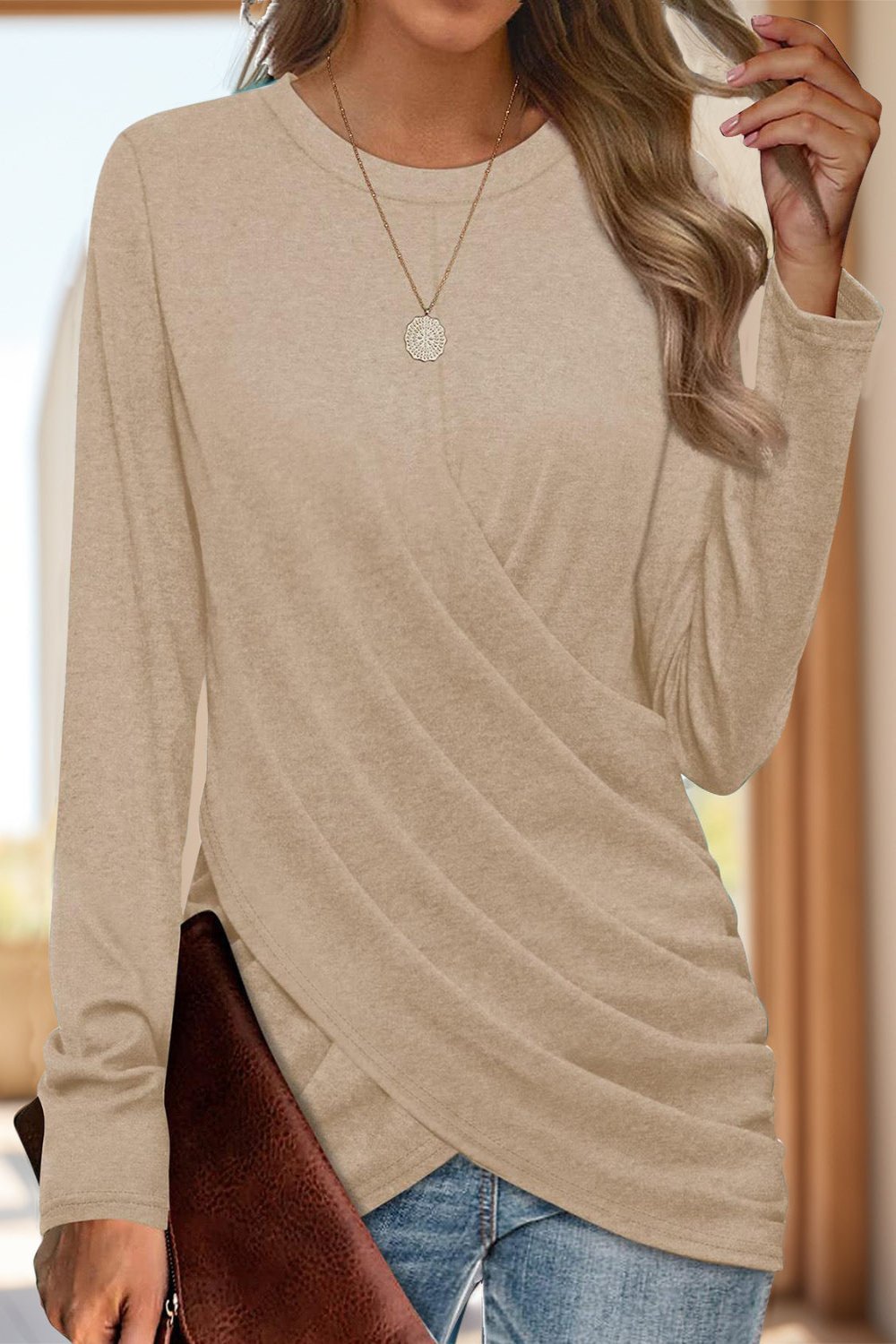 Ruched Round Neck Long Sleeve T-Shirt Tan Long Sleeve Tops JT's Designer Fashion