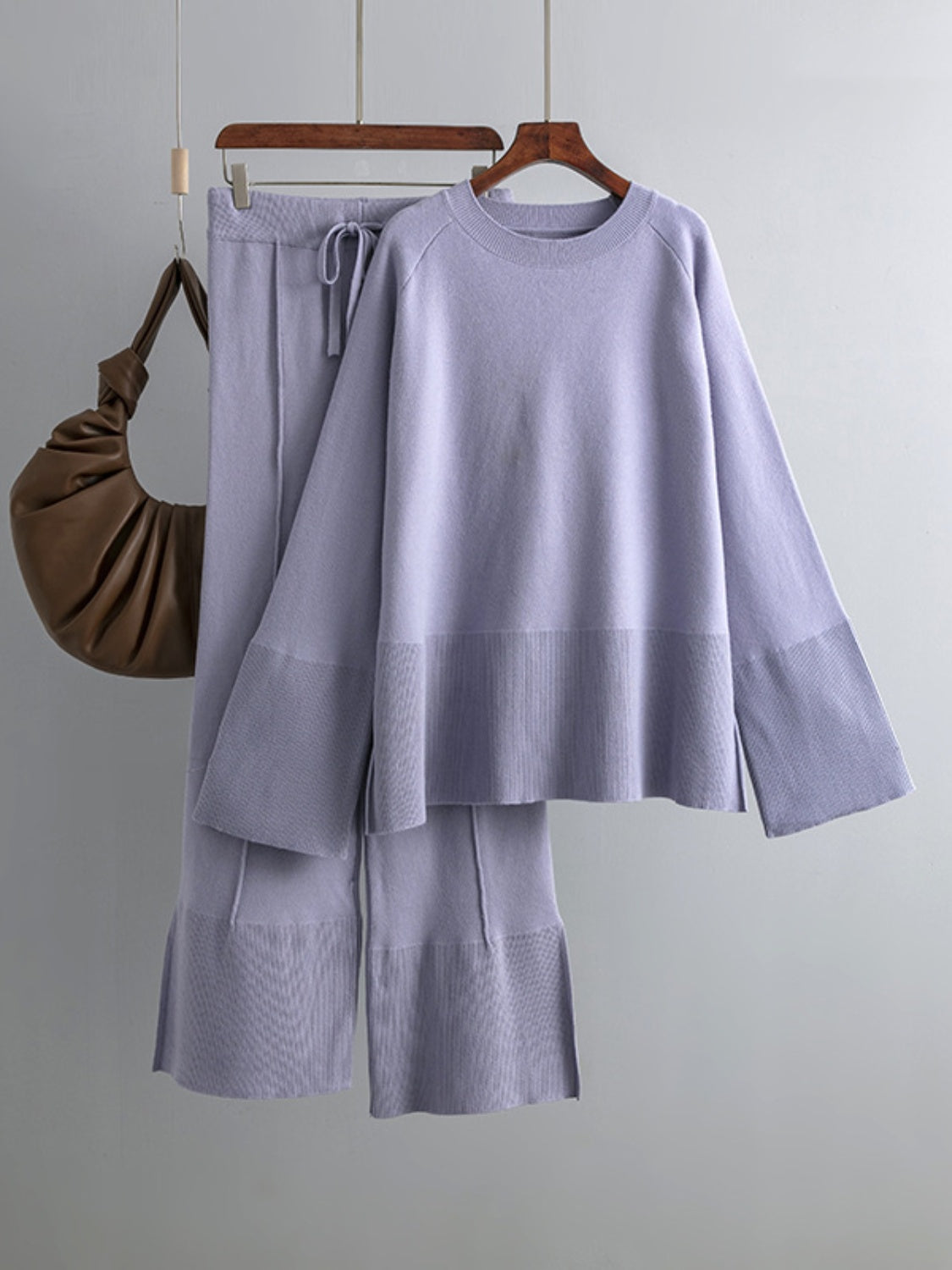 Slit Round Neck Long Sleeve Top and Drawstring Pants Sweater Set Pants Sets JT's Designer Fashion