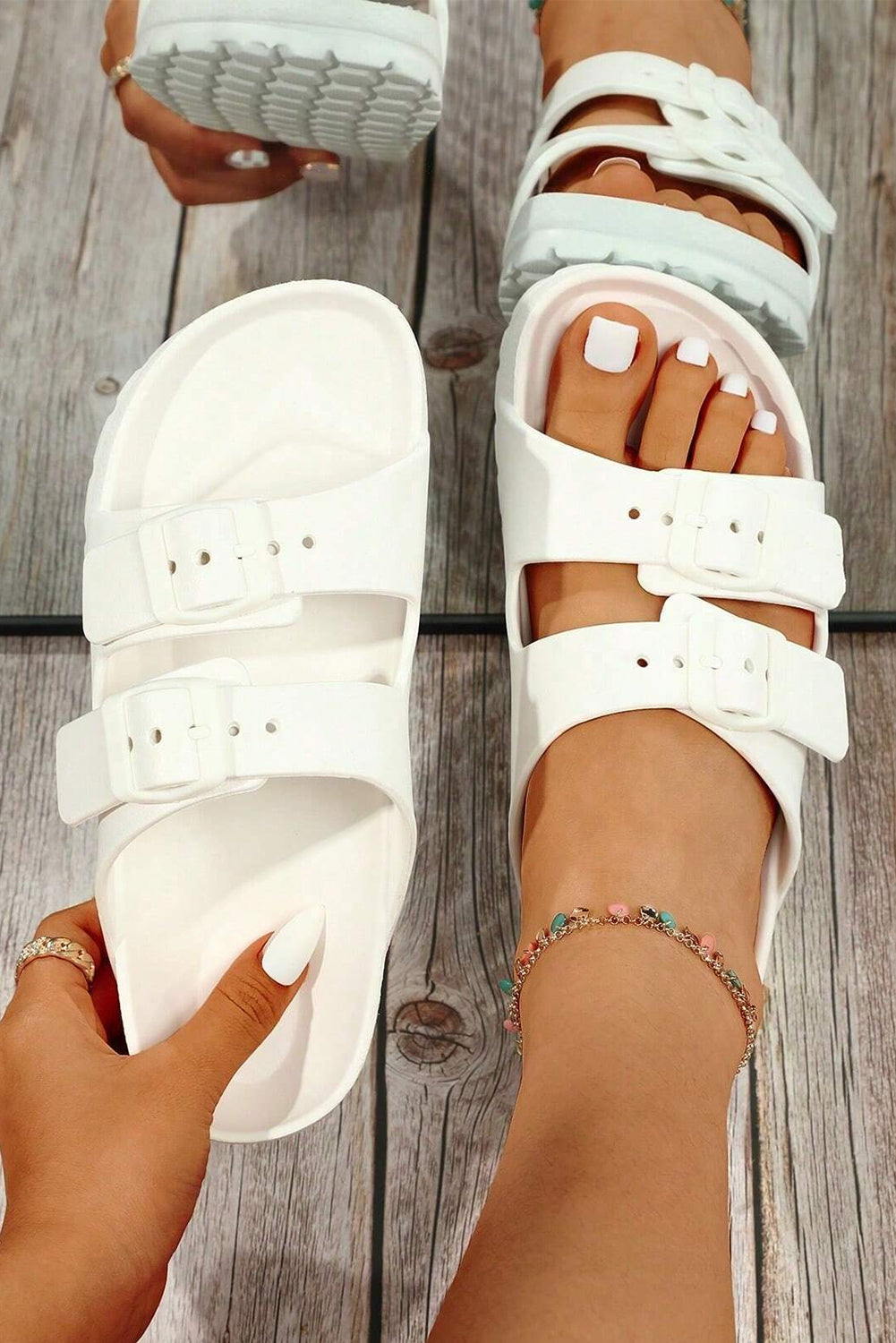 White Double-buckle EVA Slippers Slippers JT's Designer Fashion