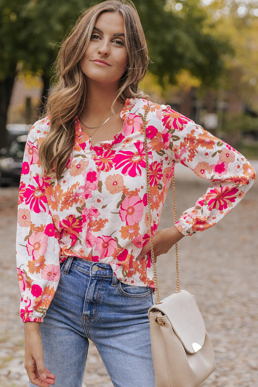 Bright White Floral Print Split V Neck Blouse Blouses & Shirts JT's Designer Fashion