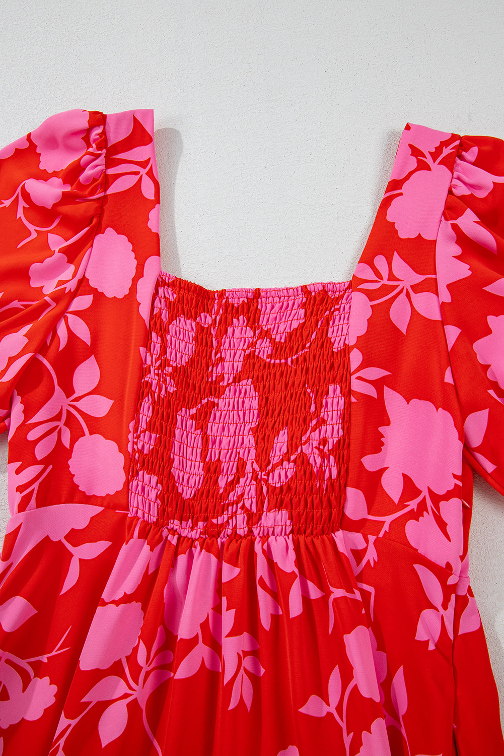 Red Floral Bubble Sleeve Sweetheart Neck Ruffled Mini Dress Floral Dresses JT's Designer Fashion