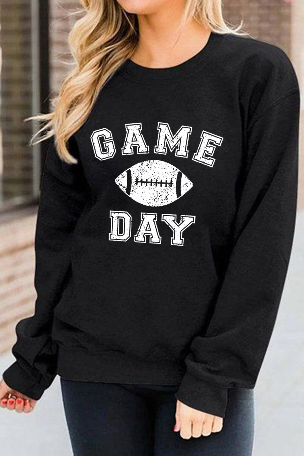 Black GAME DAY Rugby Print Long Sleeve Pullover Sweatshirt Graphic Sweatshirts JT's Designer Fashion