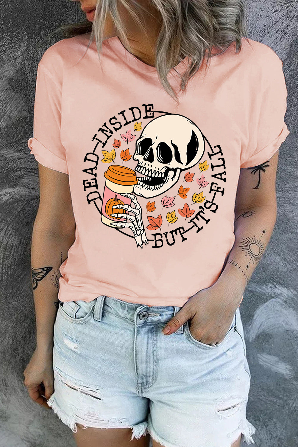 Pink Skull Pumpkin coffee Fall maple leaf T-Shirts Graphic Tees JT's Designer Fashion