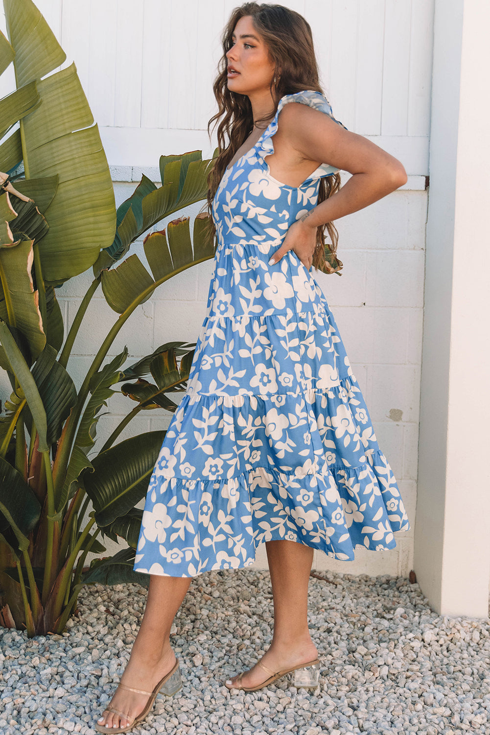 Sky Blue Floral U Neck Flutter Shoulder Tiered Flowy Midi Dress Floral Dresses JT's Designer Fashion