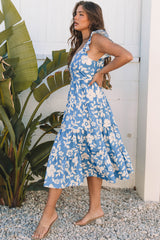 Sky Blue Floral U Neck Flutter Shoulder Tiered Flowy Midi Dress Floral Dresses JT's Designer Fashion