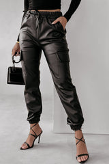 Black Drawstring Waist Cargo Leather Jogger Pants Bottoms JT's Designer Fashion