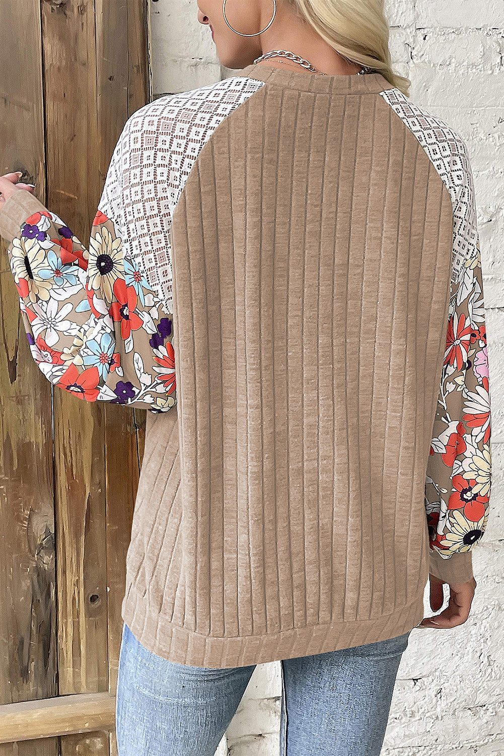 Parchment Floral Patchwork Long Sleeve Ribbed Blouse Blouses & Shirts JT's Designer Fashion