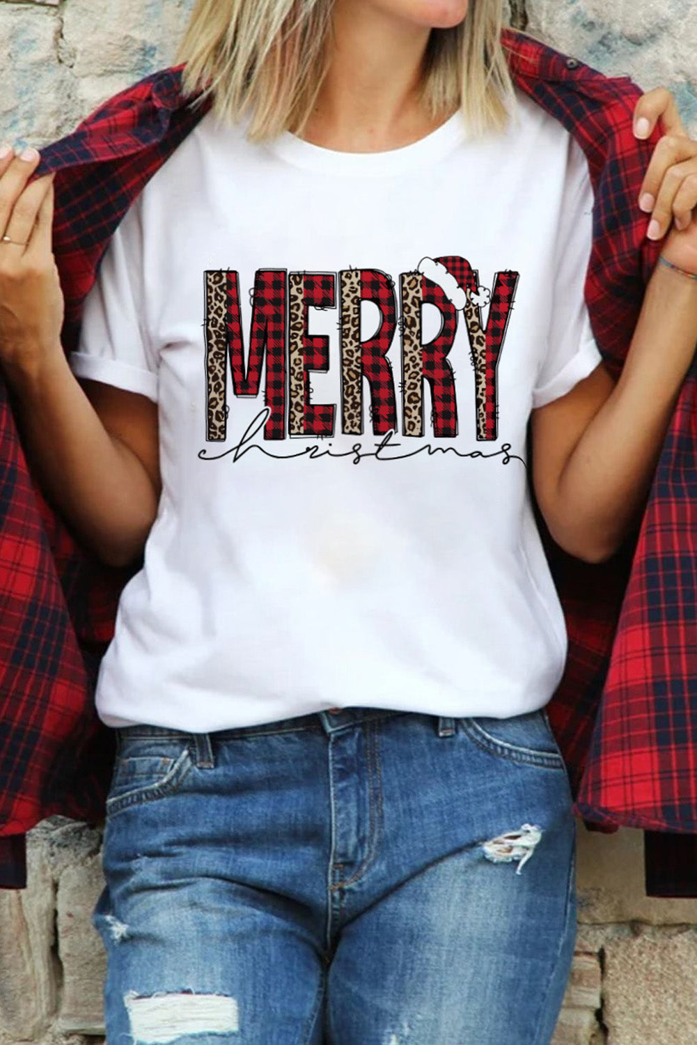 White Plaid Leopard MERRY Christmas Print T Shirt Graphic Tees JT's Designer Fashion