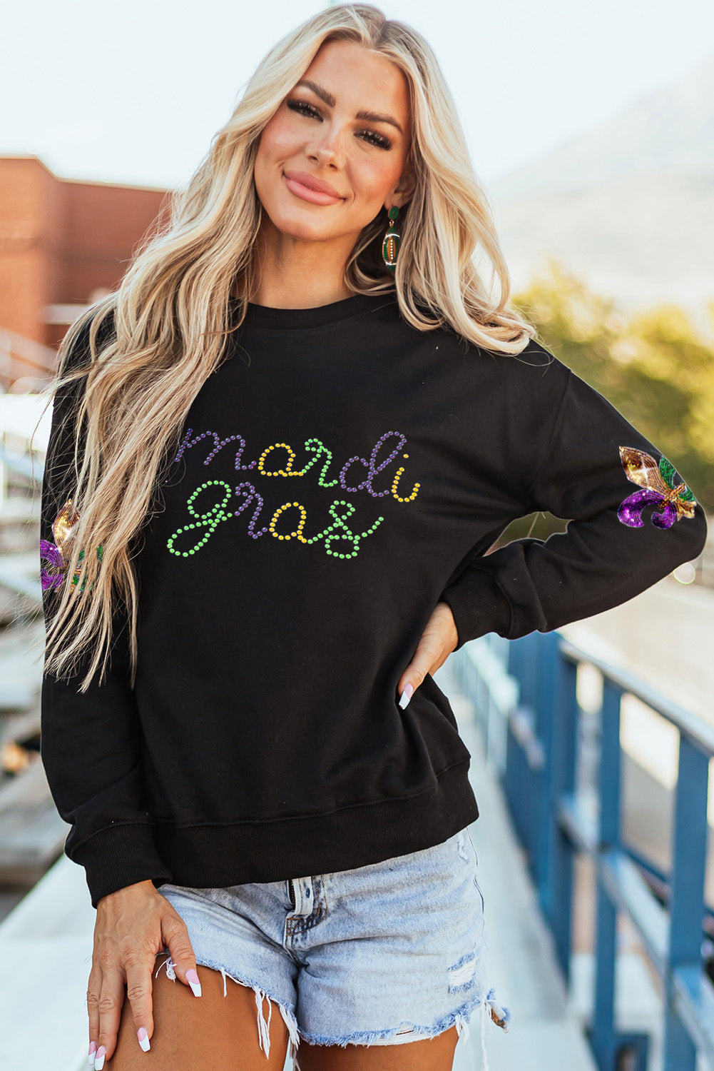 Black Ceramic Rhinestone mardi gras Letter Graphic Sweatshirt Graphic Sweatshirts JT's Designer Fashion