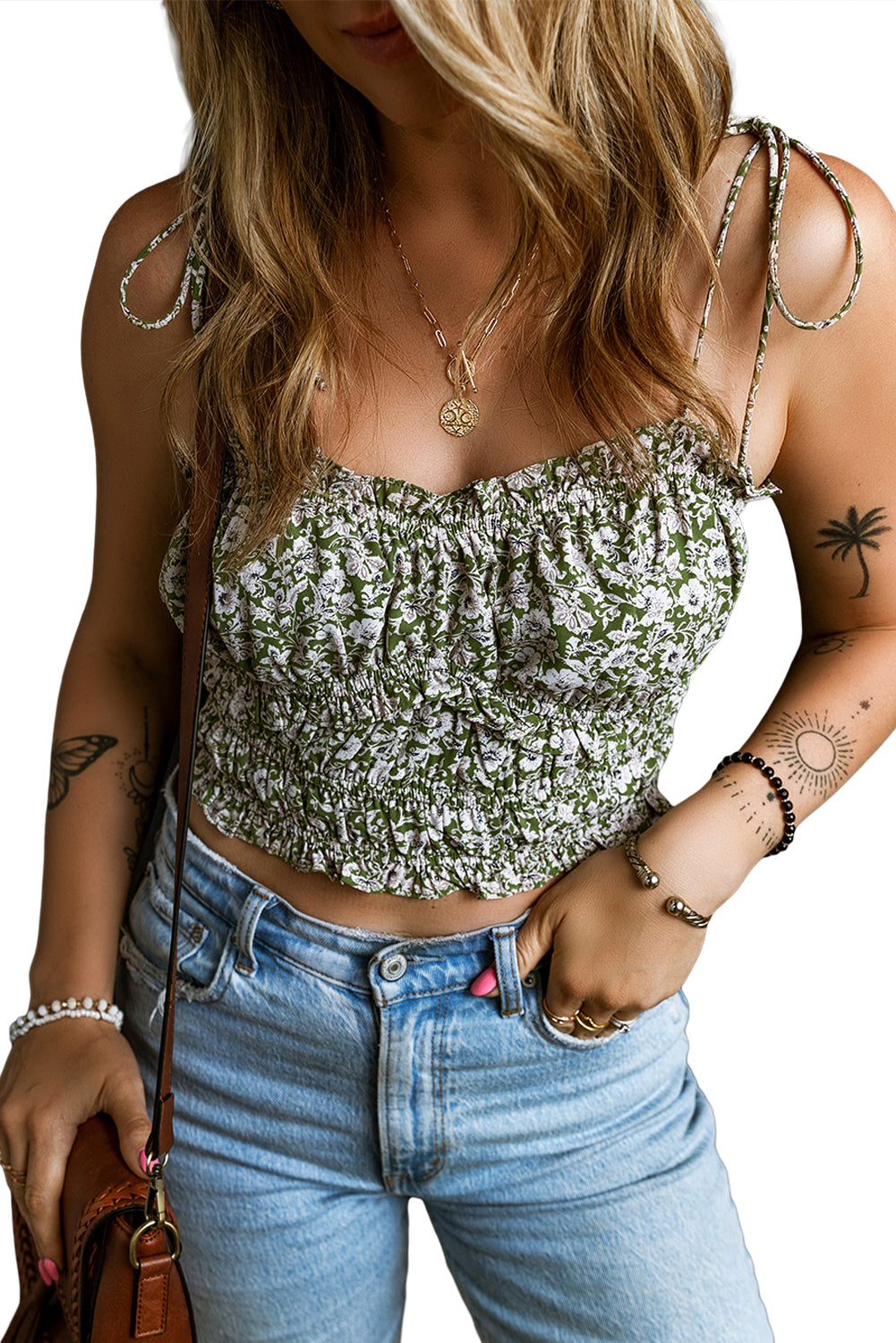 Green Tie Spaghetti Straps Boho Floral Cropped Top Tops & Tees JT's Designer Fashion