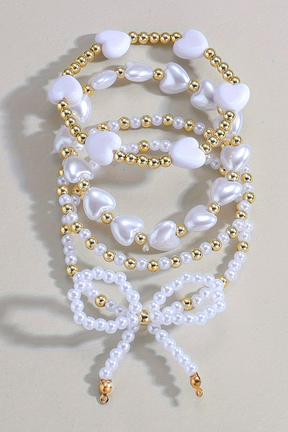 White Bow Knot Heart Shape Faux Pearl Beaded Bracelet Set Jewelry JT's Designer Fashion