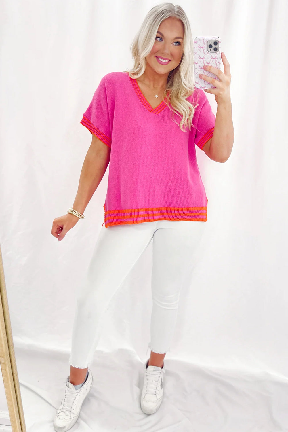 Bright Pink Contrast Trim V Neck Short Sleeve Knitted Summer Top Pre Order Sweaters & Cardigans JT's Designer Fashion