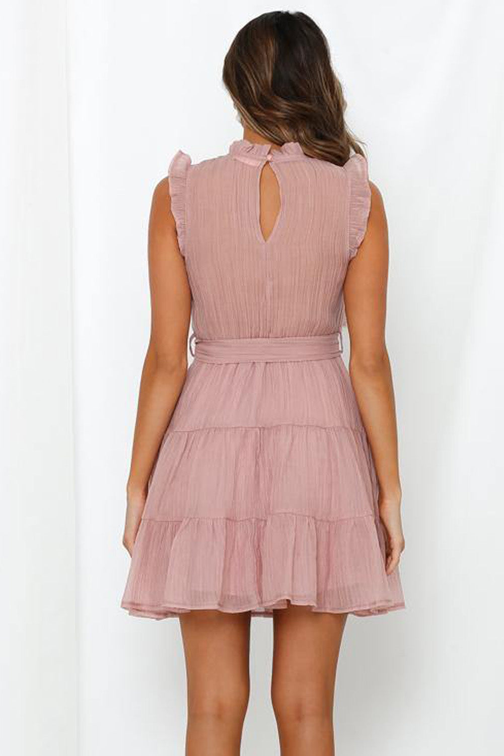 Pink Frilled Neck Sleeveless Tiered Tulle Dress Mini Dresses JT's Designer Fashion