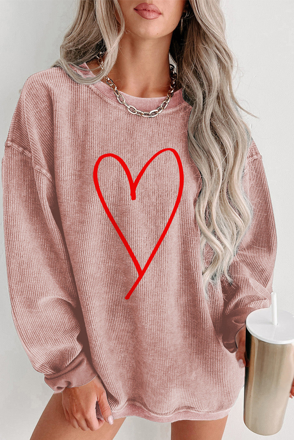 Pink Valentine Big Heart Shape Corded Oversized Sweatshirt Pink 100%Polyester Graphic Sweatshirts JT's Designer Fashion