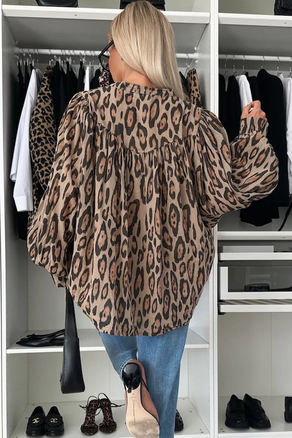 Light French Beige Oversized Leopard Print Balloon Sleeve Casual Shirt Blouses & Shirts JT's Designer Fashion