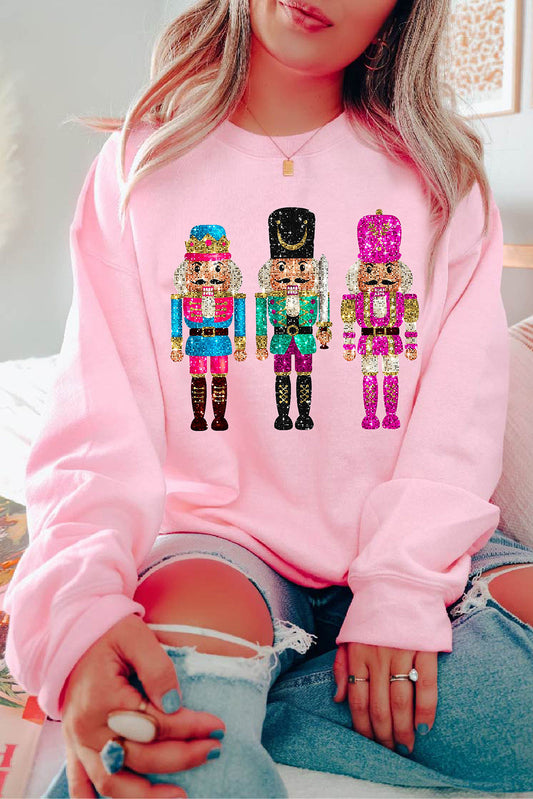 Pink Cute Nutcracker Printed Drop Shoulder Christmas Sweatshirt Pink 50%Polyester+50%Cotton Graphic Sweatshirts JT's Designer Fashion