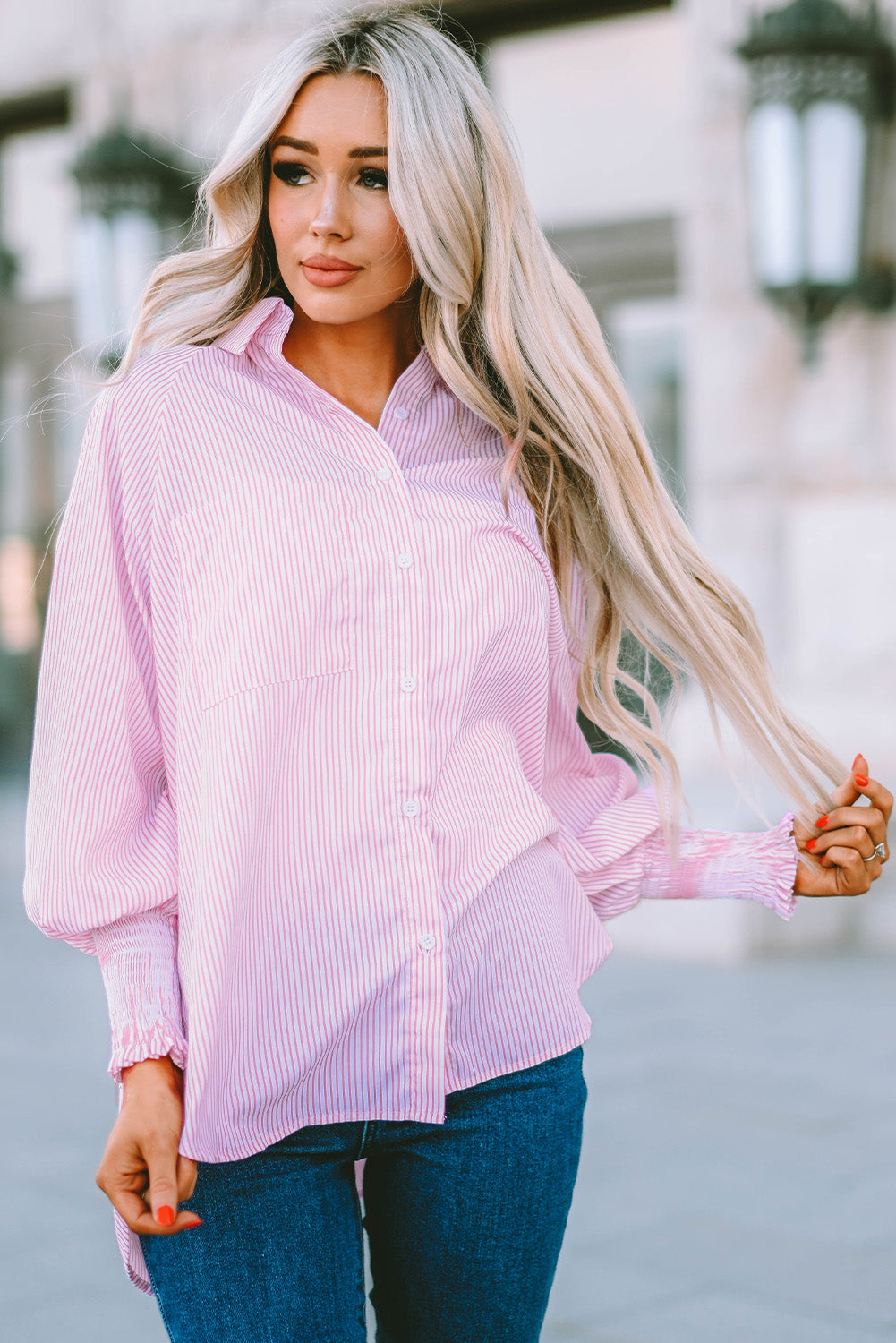 Pink Smocked Cuffed Striped Boyfriend Shirt with Pocket Blouses & Shirts JT's Designer Fashion