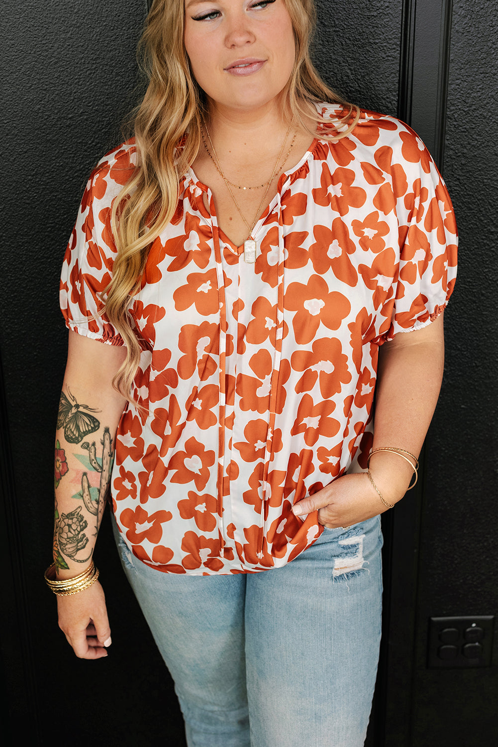 Orange Plus Size Floral Print Drawstring V Neck Short Sleeve Blouse Plus Size JT's Designer Fashion