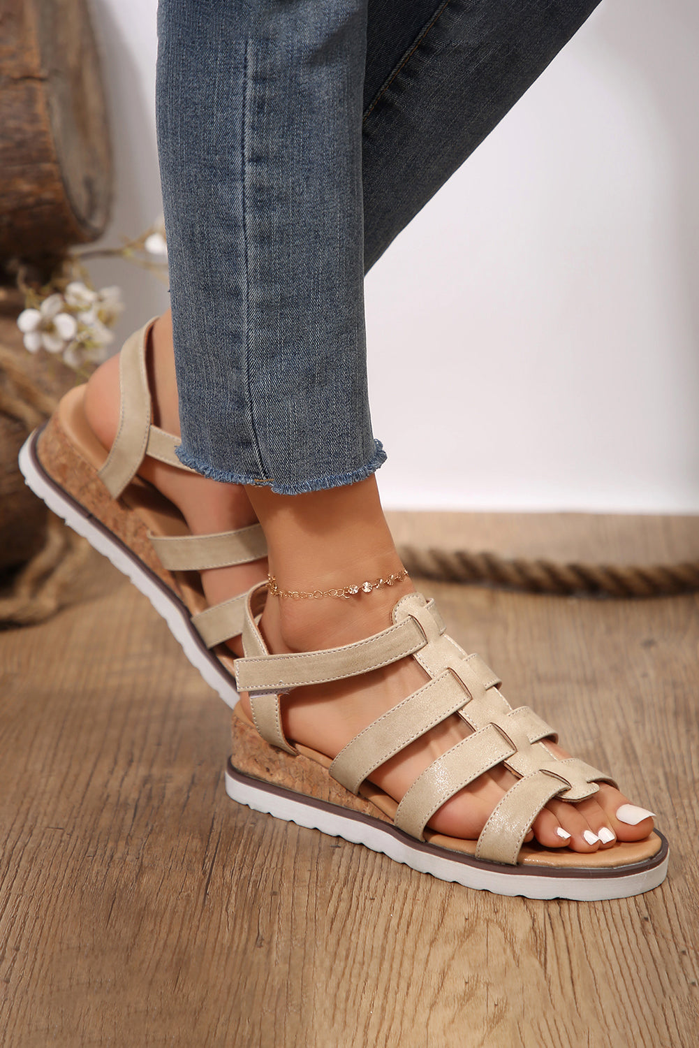 Beige Hollowed Leather Straps Wedge Sandals Sandals JT's Designer Fashion