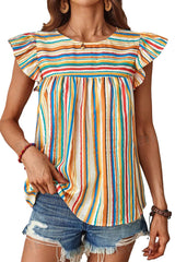 Multicolour Vibrant Stripes Printed Flutter Sleeve Babydoll Blouse Pre Order Tops JT's Designer Fashion