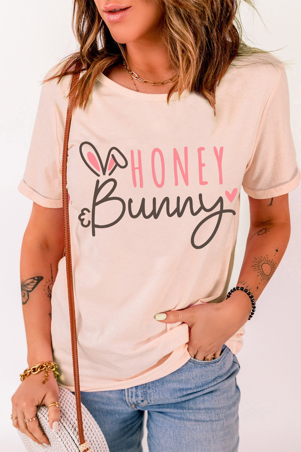 Pink HONEY Bunny Graphic Cuffed Sleeves T-shirt Graphic Tees JT's Designer Fashion