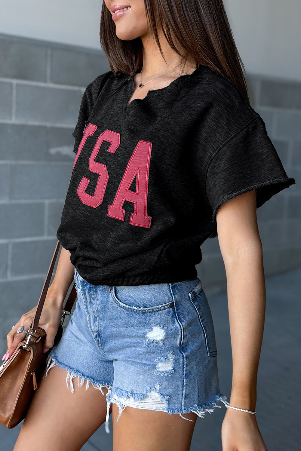 Black USA Lettering Patch Notched Neck Loose Tee Tops & Tees JT's Designer Fashion