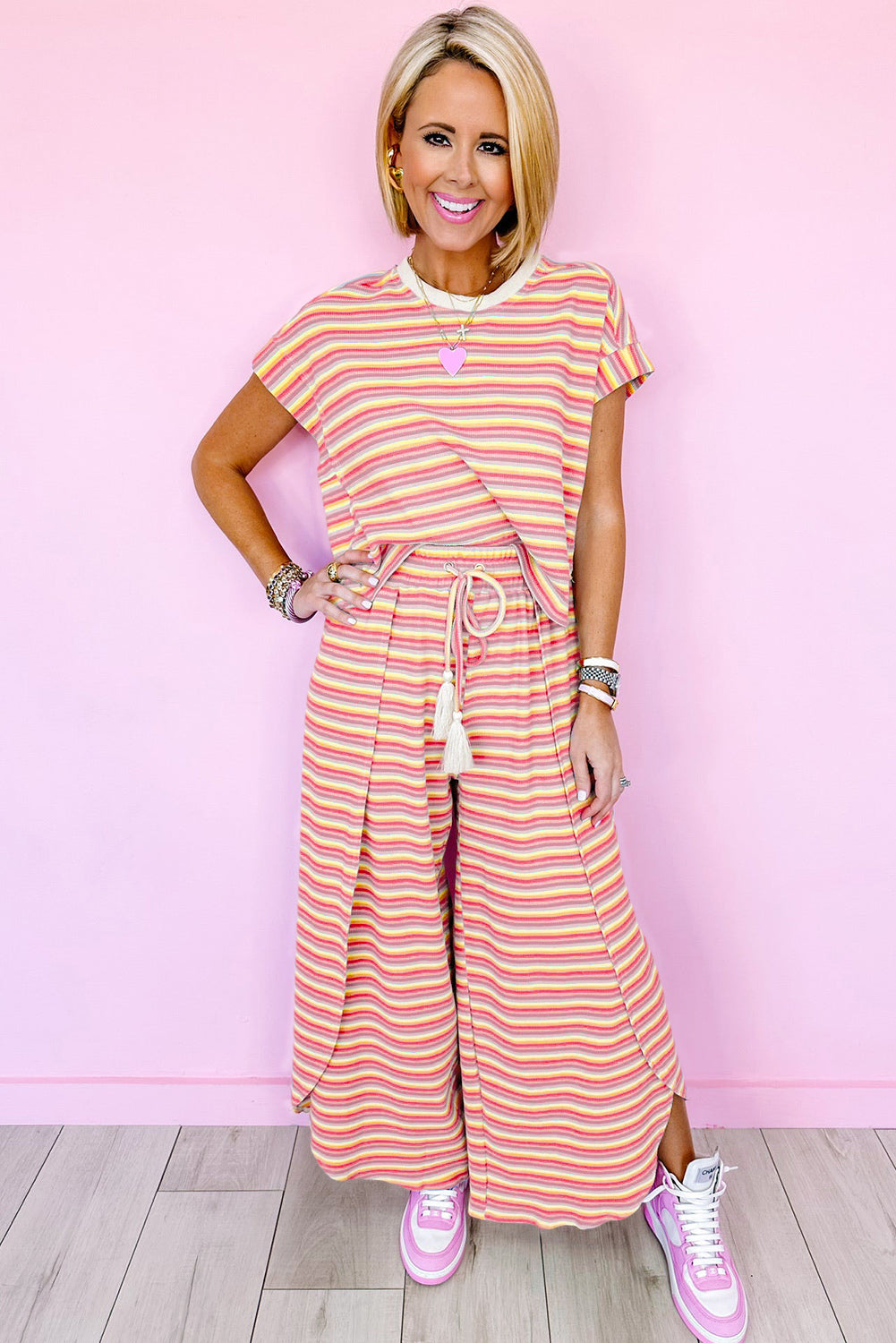 Yellow Stripe Rainbow Tee Tasseled String Wide Leg Pants Set Tops & Tees JT's Designer Fashion