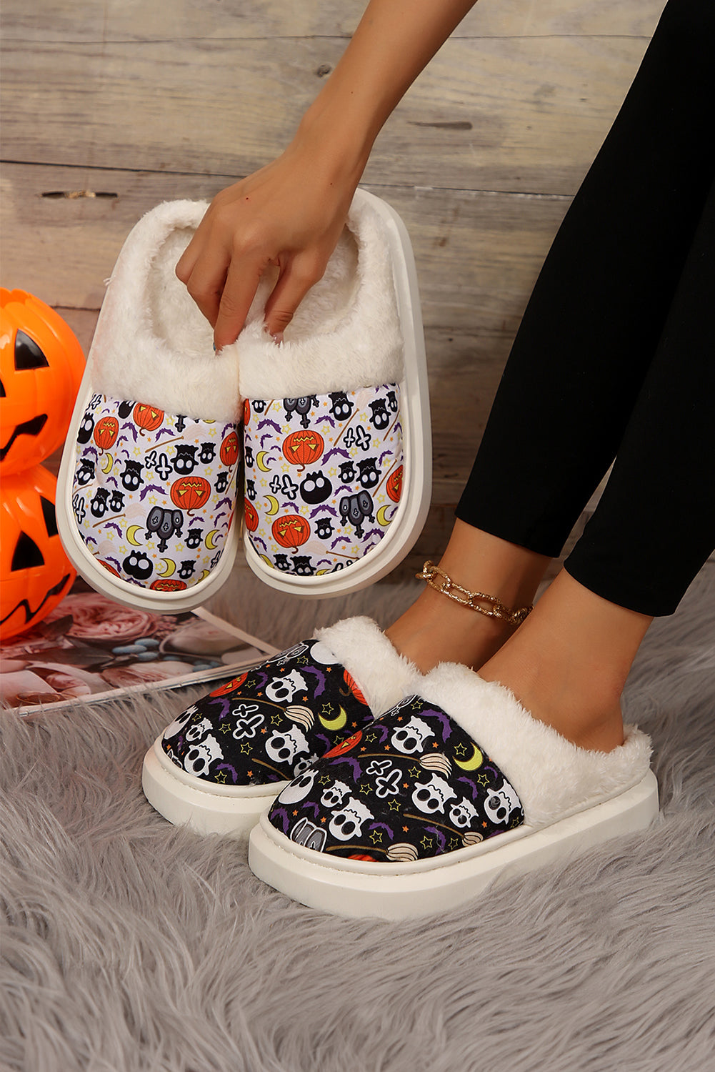 White Halloween Pumpkin Ghost Print Plush Home Slippers Slippers JT's Designer Fashion