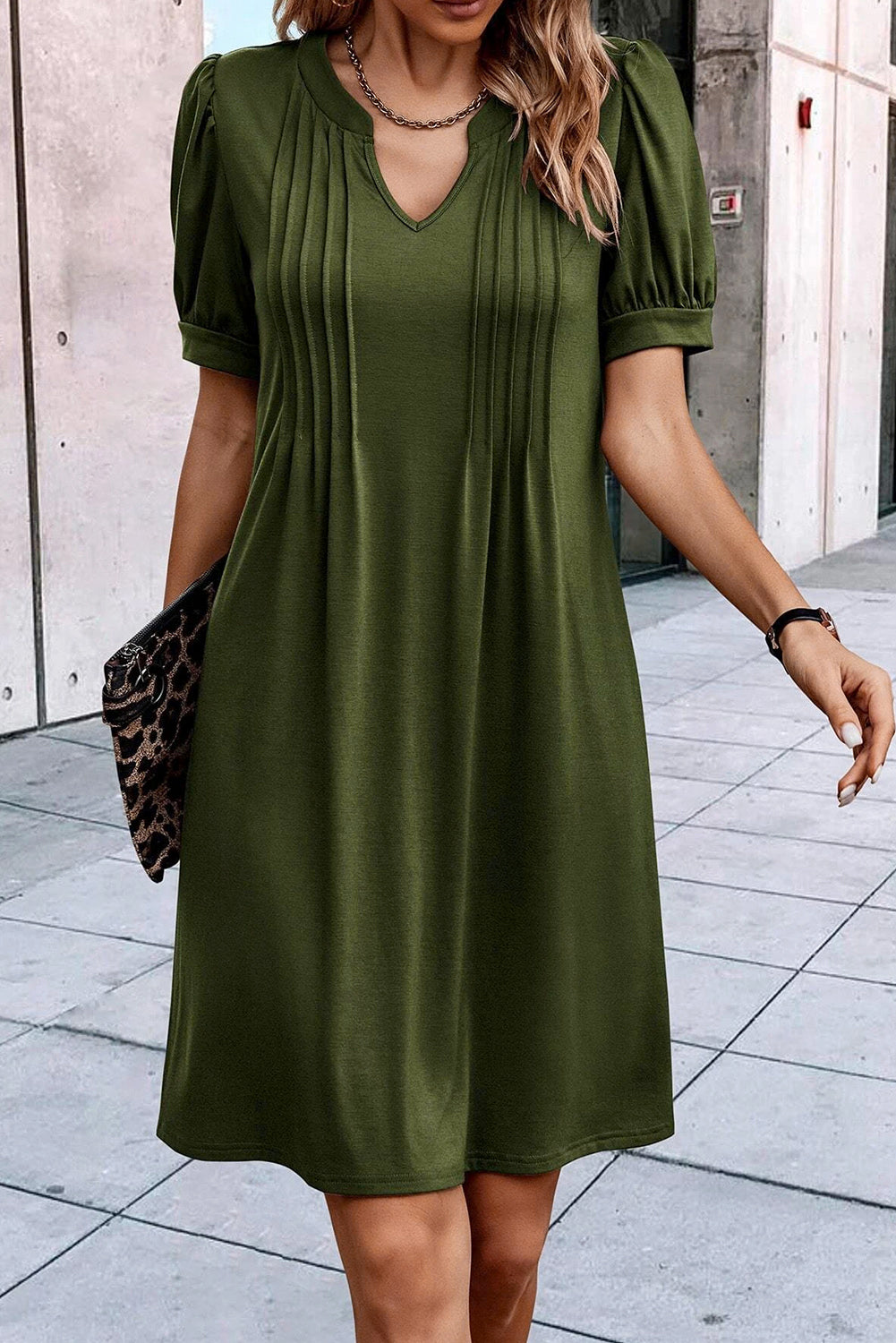 Fern Green Notched Neck Pleated Puff Sleeve Shift T-shirt Dress T Shirt Dresses JT's Designer Fashion