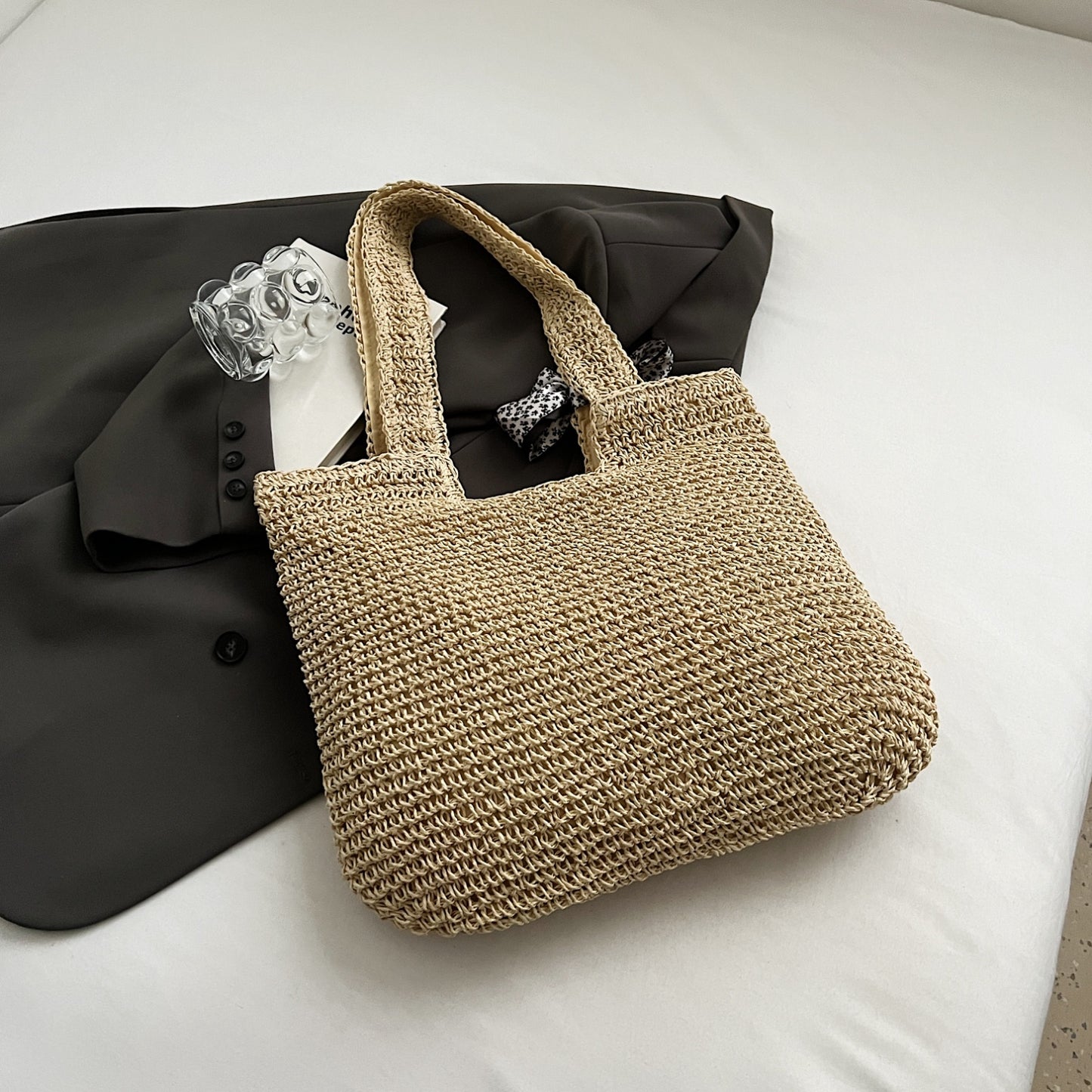 Straw Woven Tote Bag Khaki One Size Bags JT's Designer Fashion