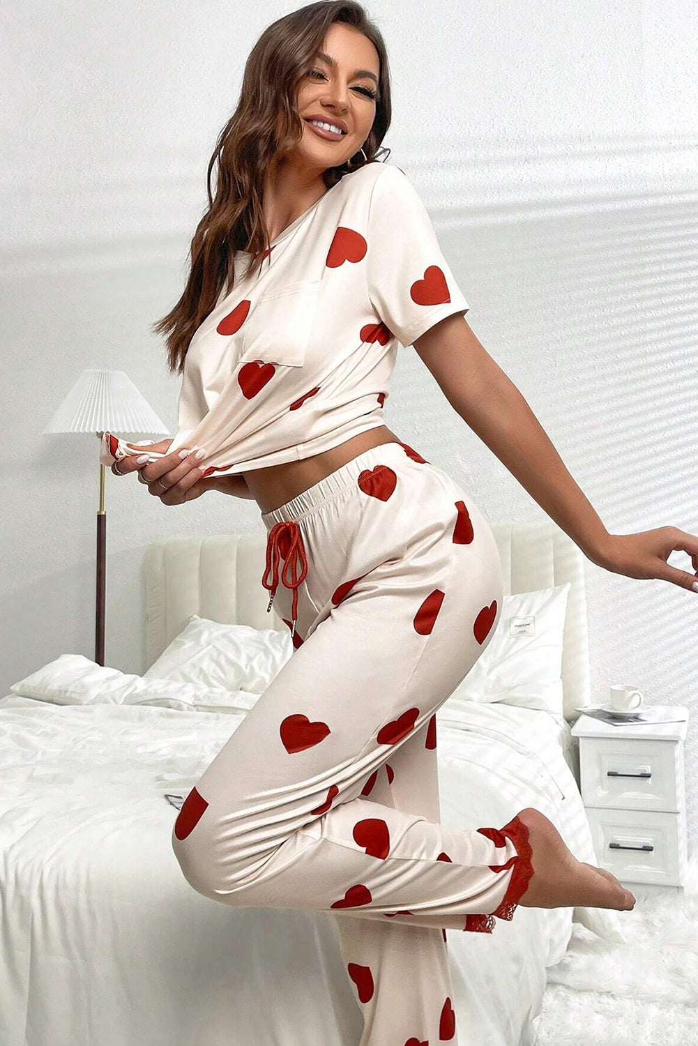 White Heart Print Lace Hem Pajama Set Loungewear JT's Designer Fashion