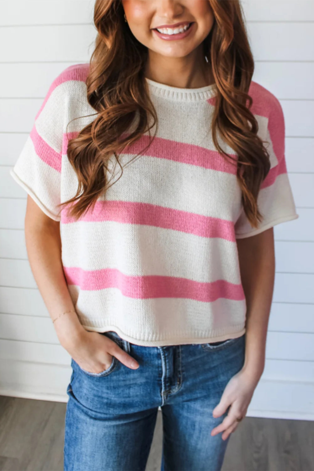 Pink Stripe Dropped Short Sleeve Lightweight Knitted Top Pre Order Sweaters & Cardigans JT's Designer Fashion