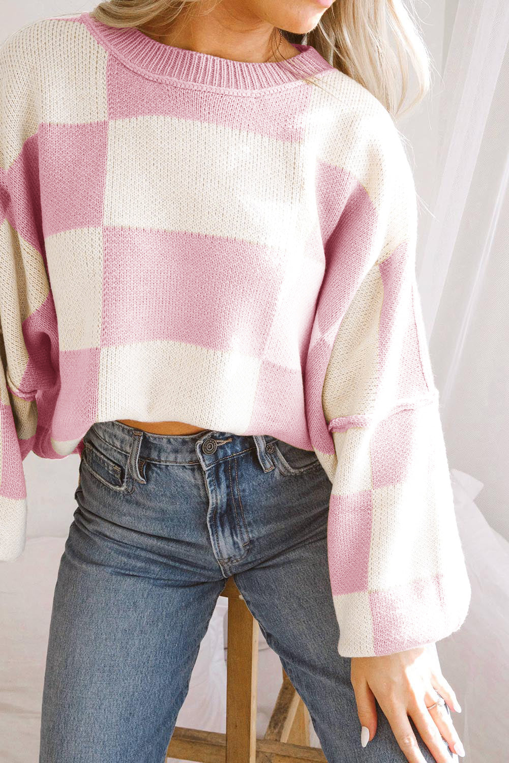 Pink Checkered Bishop Sleeve Sweater Sweaters & Cardigans JT's Designer Fashion