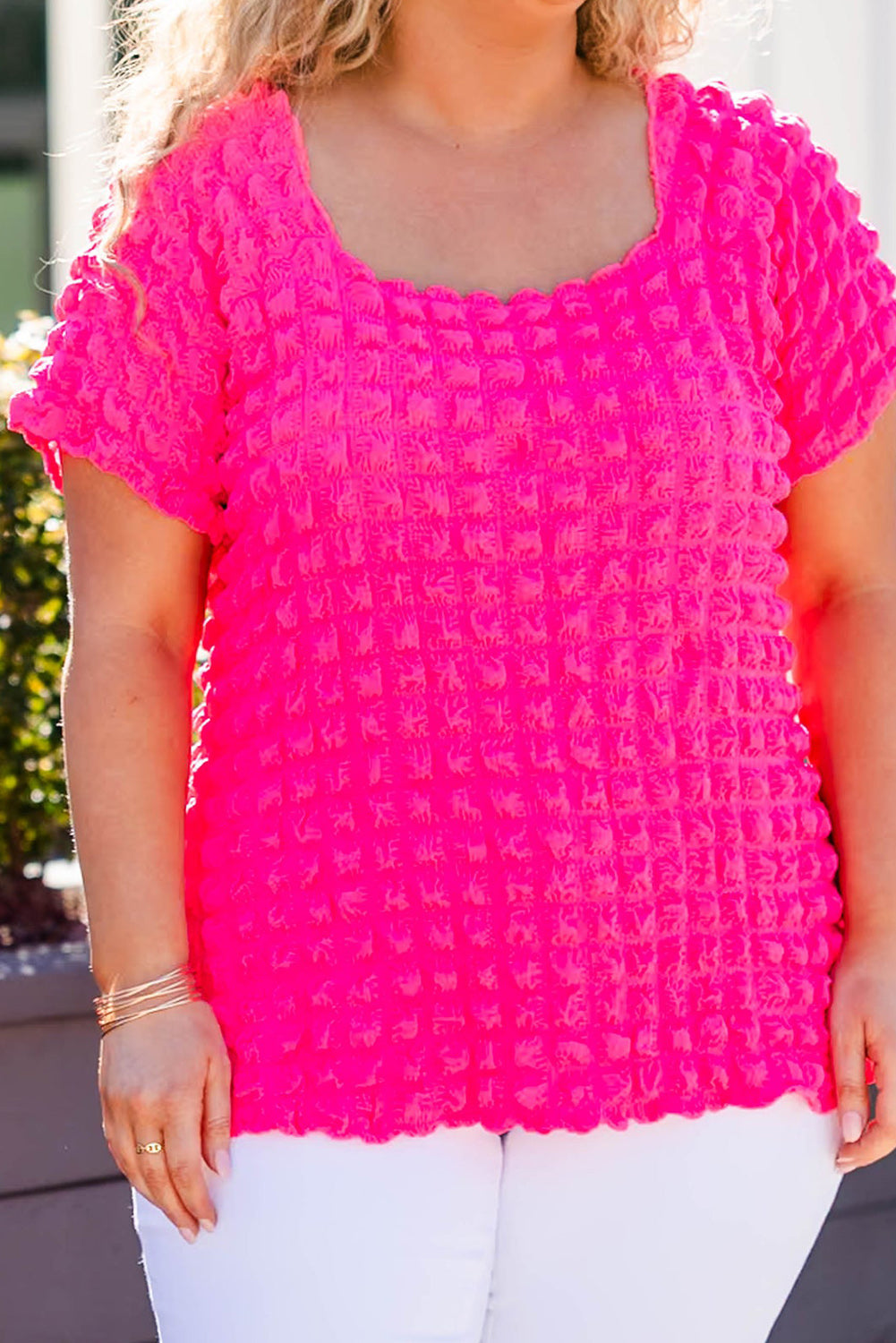 Strawberry Pink Bubble Textured Square Neck Plus Size Blouse Plus Size JT's Designer Fashion