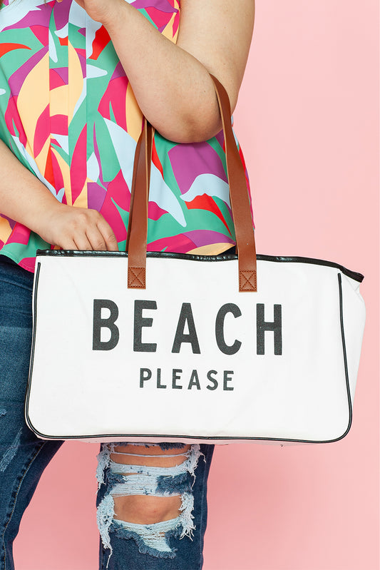 White BEACH PLEASE Print Large Canvas Tote Bag Handbags JT's Designer Fashion