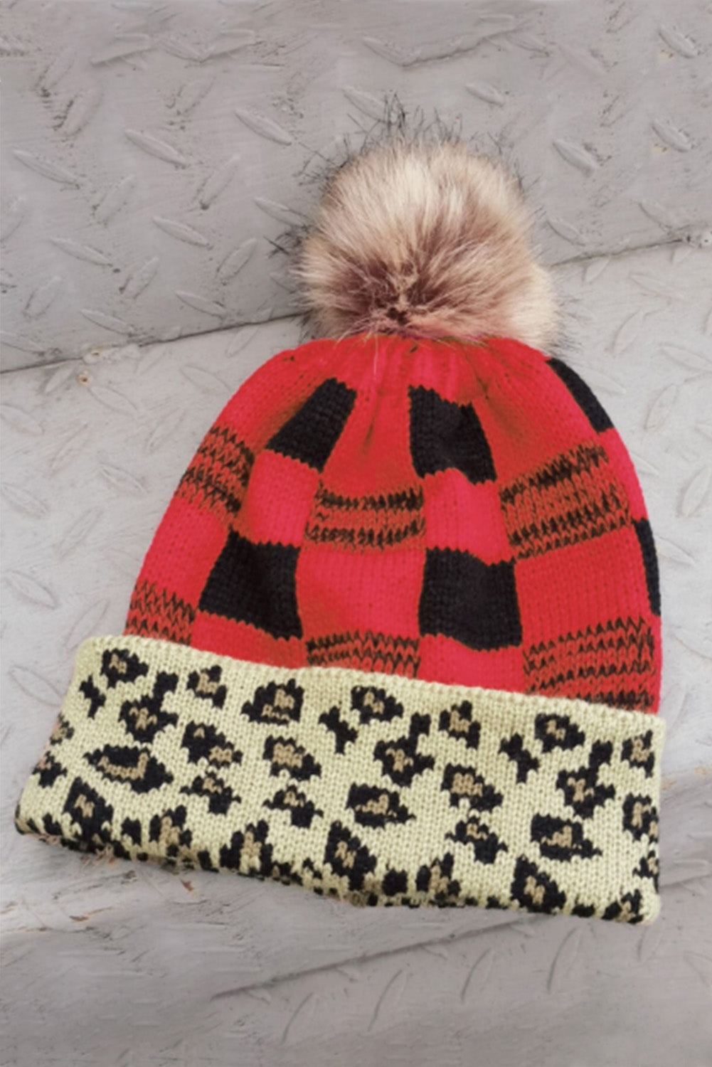 Red Plaid Leopard Brim Knit Beanie Hat Hats & Caps JT's Designer Fashion