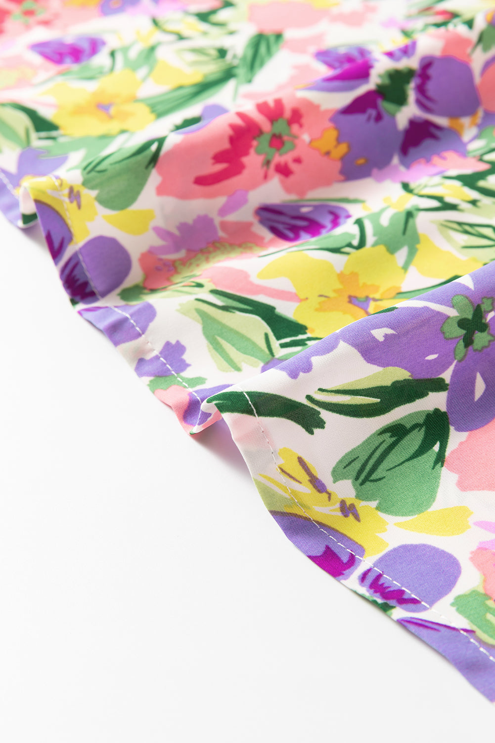 Purple Floral Print Puff Short Sleeve Crew Neck Blouse Blouses & Shirts JT's Designer Fashion