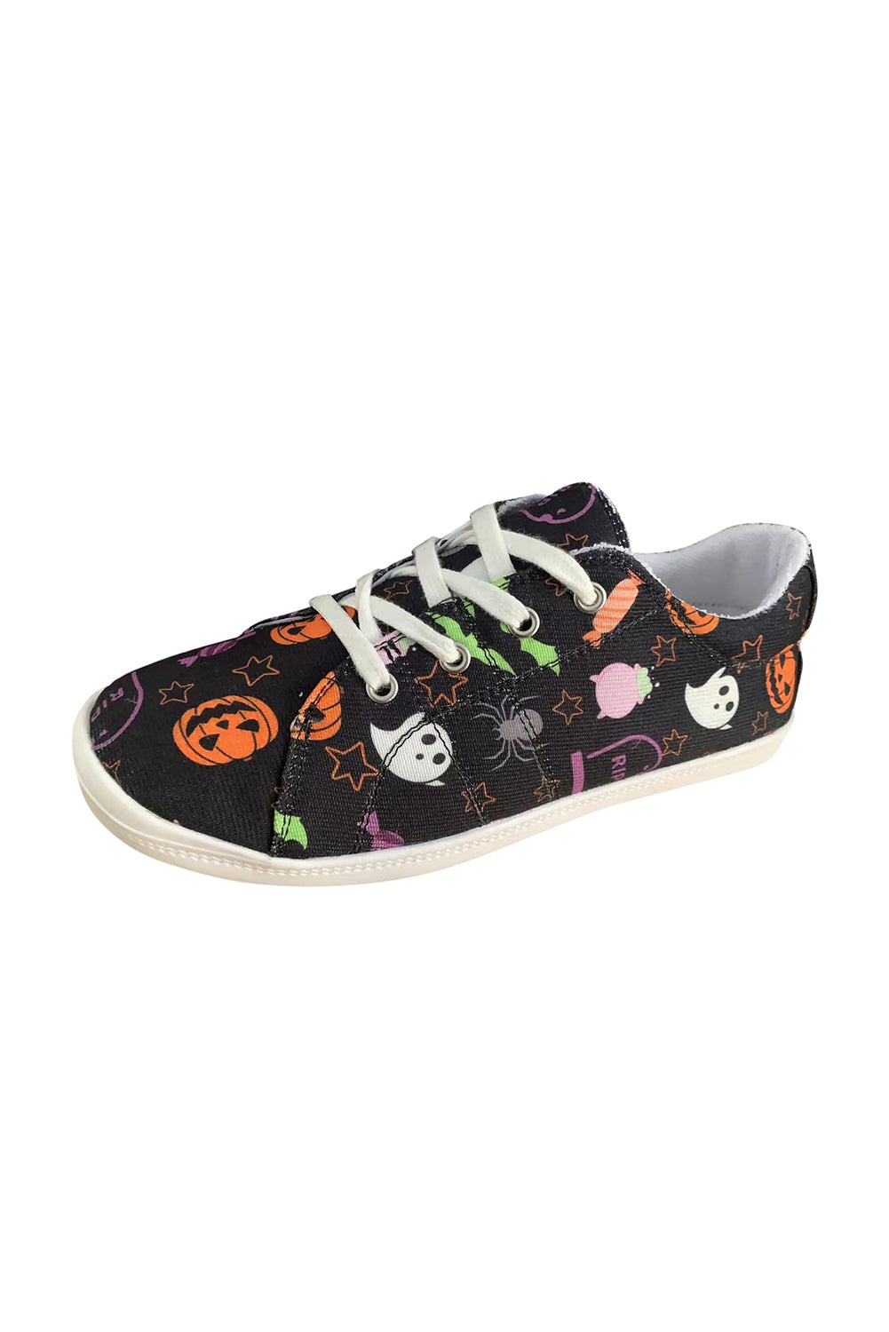 Black Halloween Pumpkin Ghost Print Lace-up Flat Shoes Women's Shoes JT's Designer Fashion