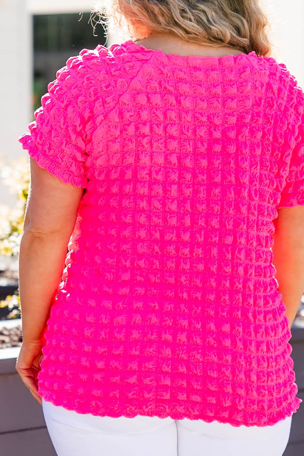 Strawberry Pink Bubble Textured Square Neck Plus Size Blouse Plus Size JT's Designer Fashion