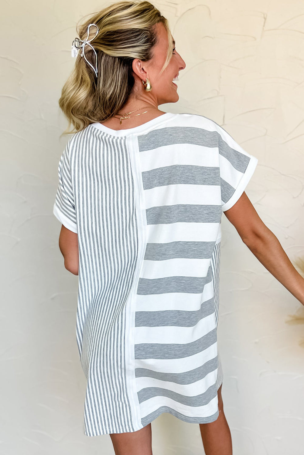 Gray Stripe Mixed Printed Short Sleeve Shift Mini T Shirt Dress T Shirt Dresses JT's Designer Fashion