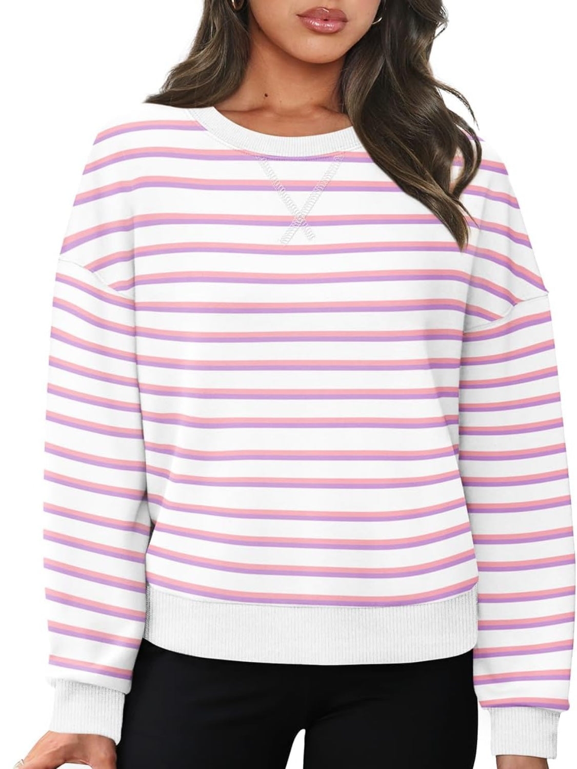 Striped Round Neck Long Sleeve Sweatshirt Long Sleeve Tops JT's Designer Fashion