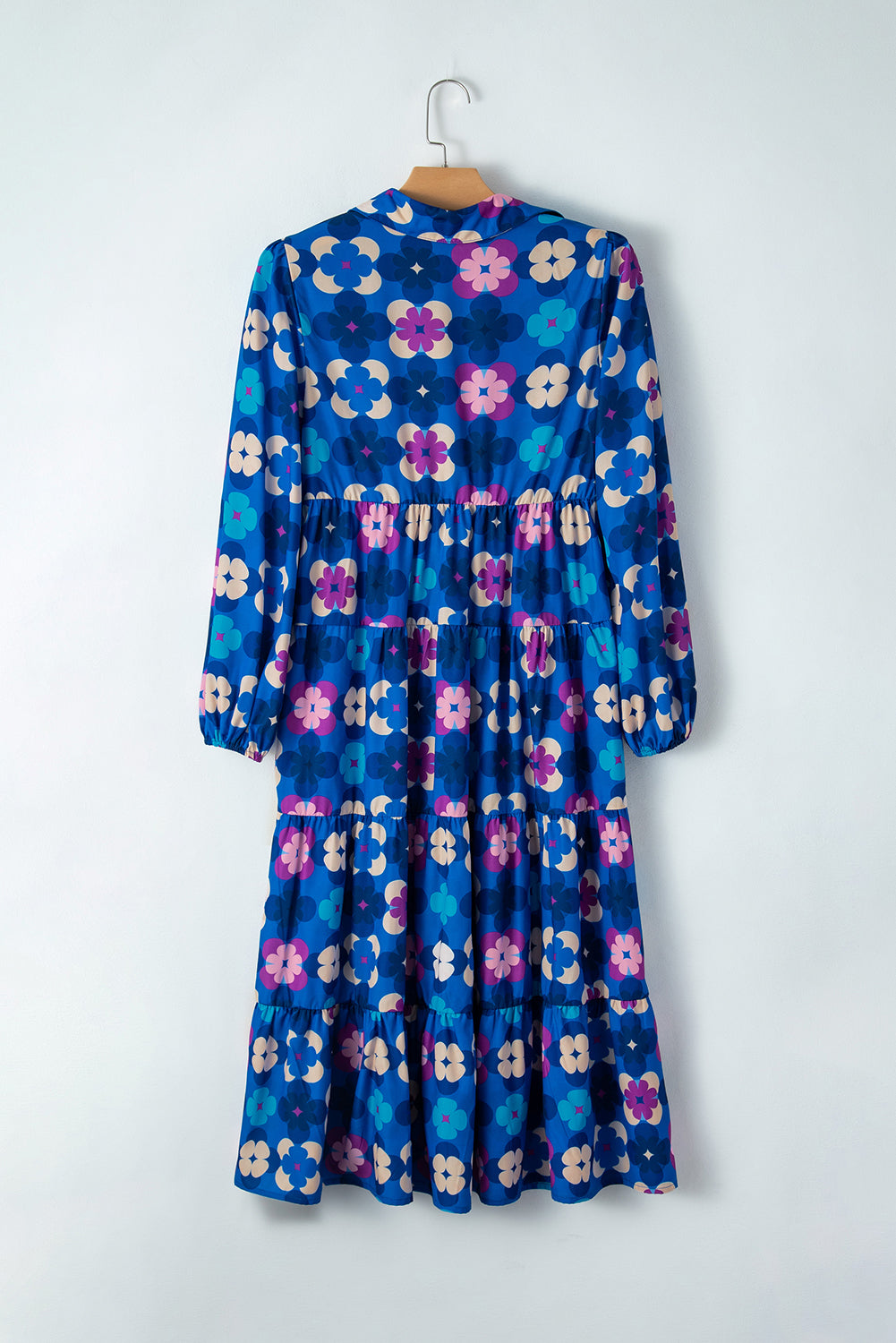 Blue Floral Peasant Sleeve Tiered Ruffle Midi Dress Midi Dresses JT's Designer Fashion